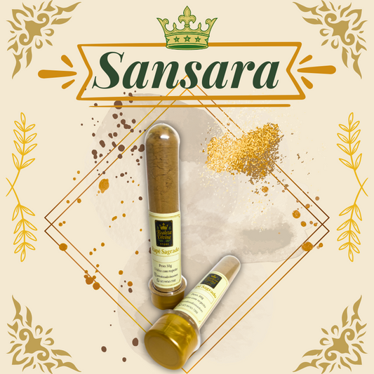Rapé de Sansara artesanal em embalagem de 30g, feito com cinzas de Paricá e folhas de Sansara
